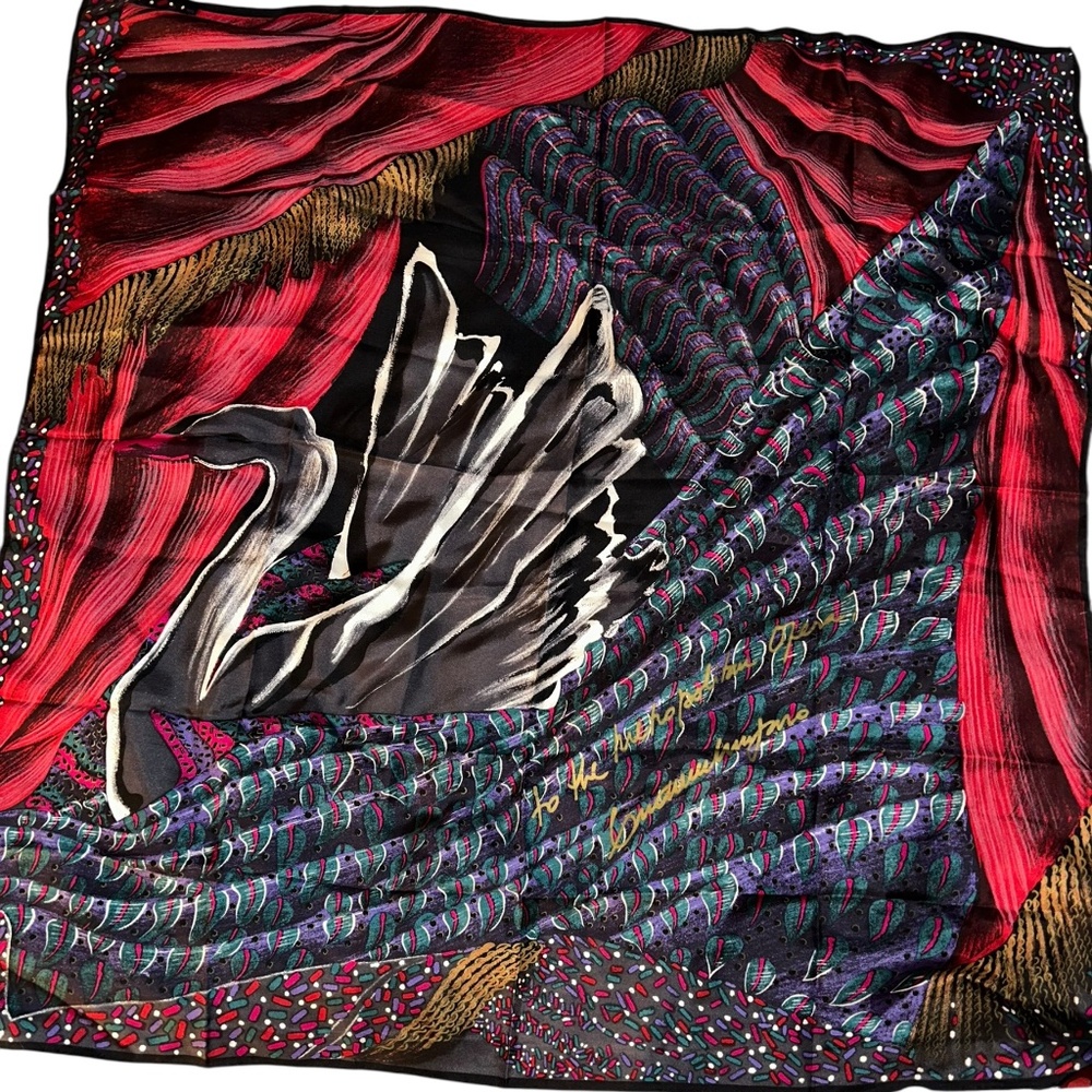 Metropolitan Opera Black Swan 100% Silk Scarf Italy hand rolled sewn signed